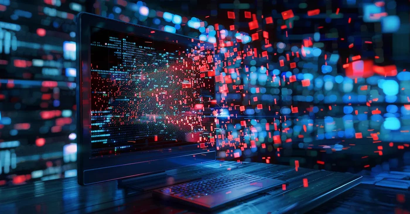 red pixelated blocks flying out of computer monitor screen