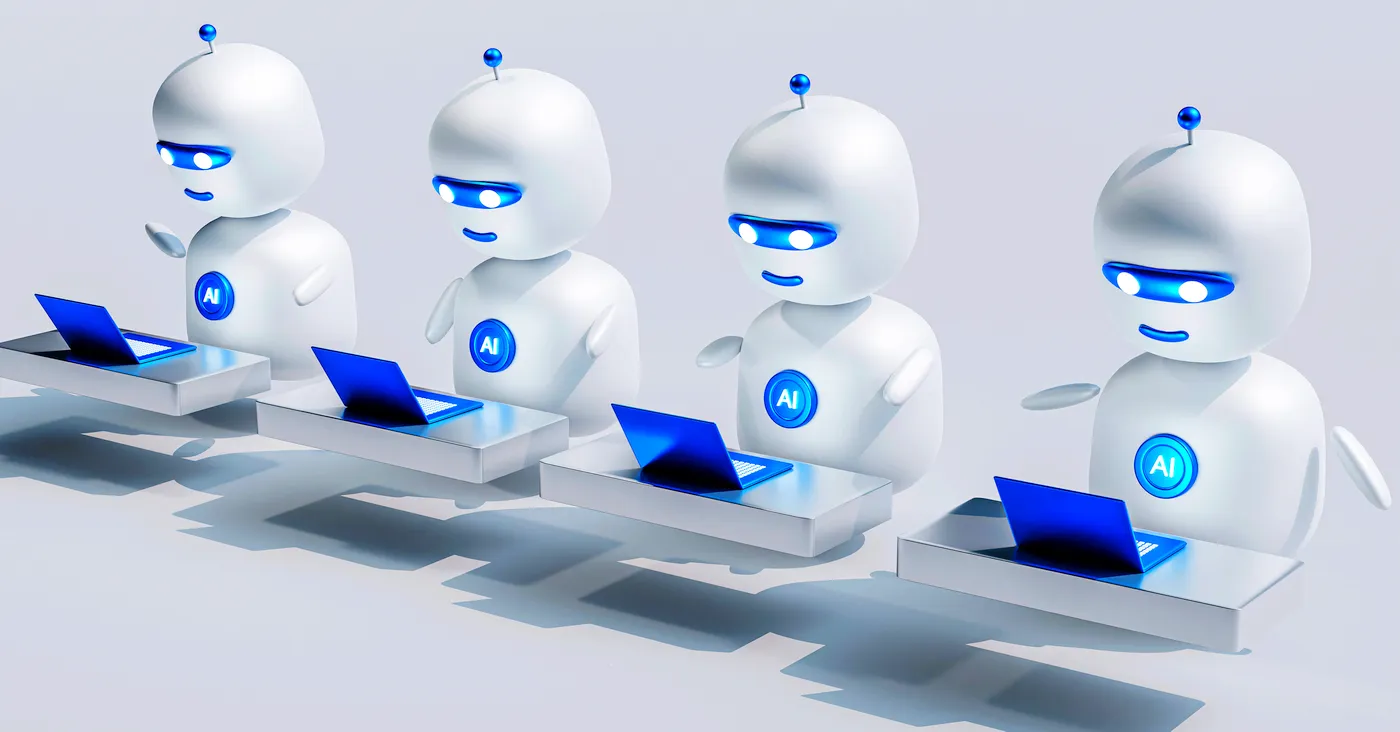 four robots lined up looking at laptops