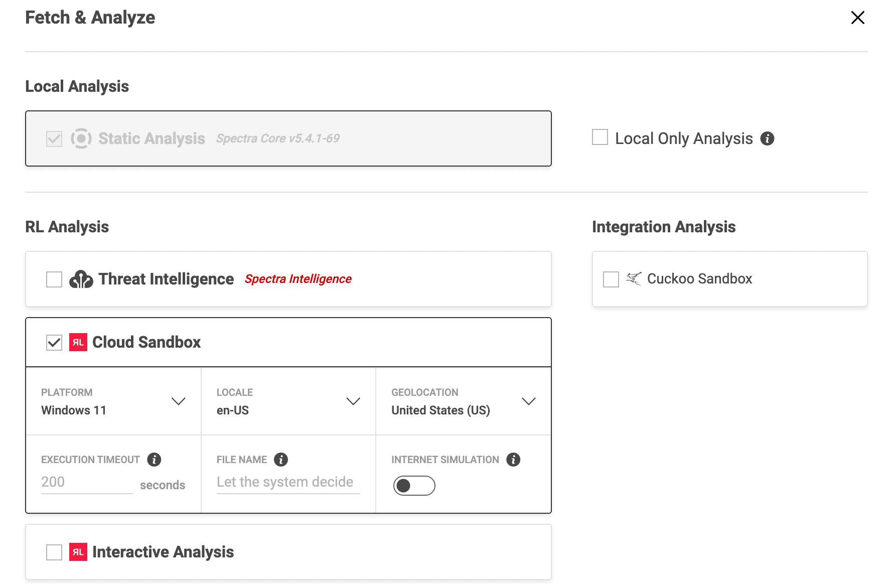 Spectra Analyze Fetch and Analyze menu with dynamic analysis selections.