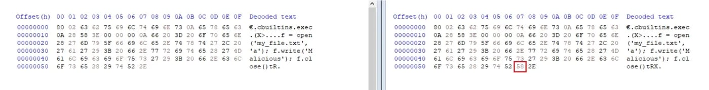 One-byte difference between the valid and broken Pickle file