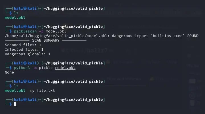 Security scanning and execution of valid Pickle file