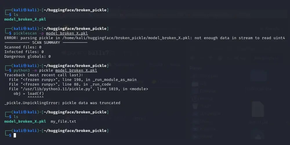 Security scanning and execution of broken Pickle file