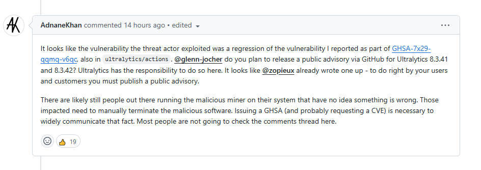 Comment on the GitHub issue pages explaining the infection vector